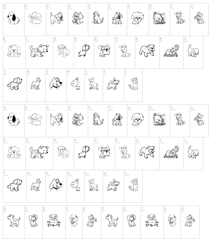 Tender Puppies font map